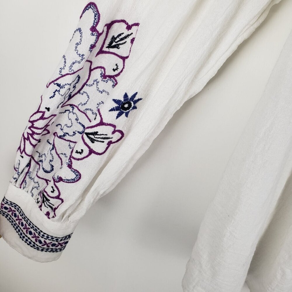 FatFace Embroidered Boho Peasant Top White Purple Floral Long Sleeve Womens 14 - Picture 6 of 10